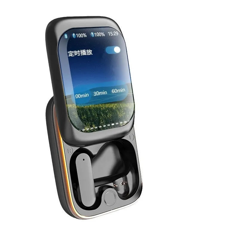 Touch high-definition large screen Bluetooth earphones in black with sliding touch control and 10m range.