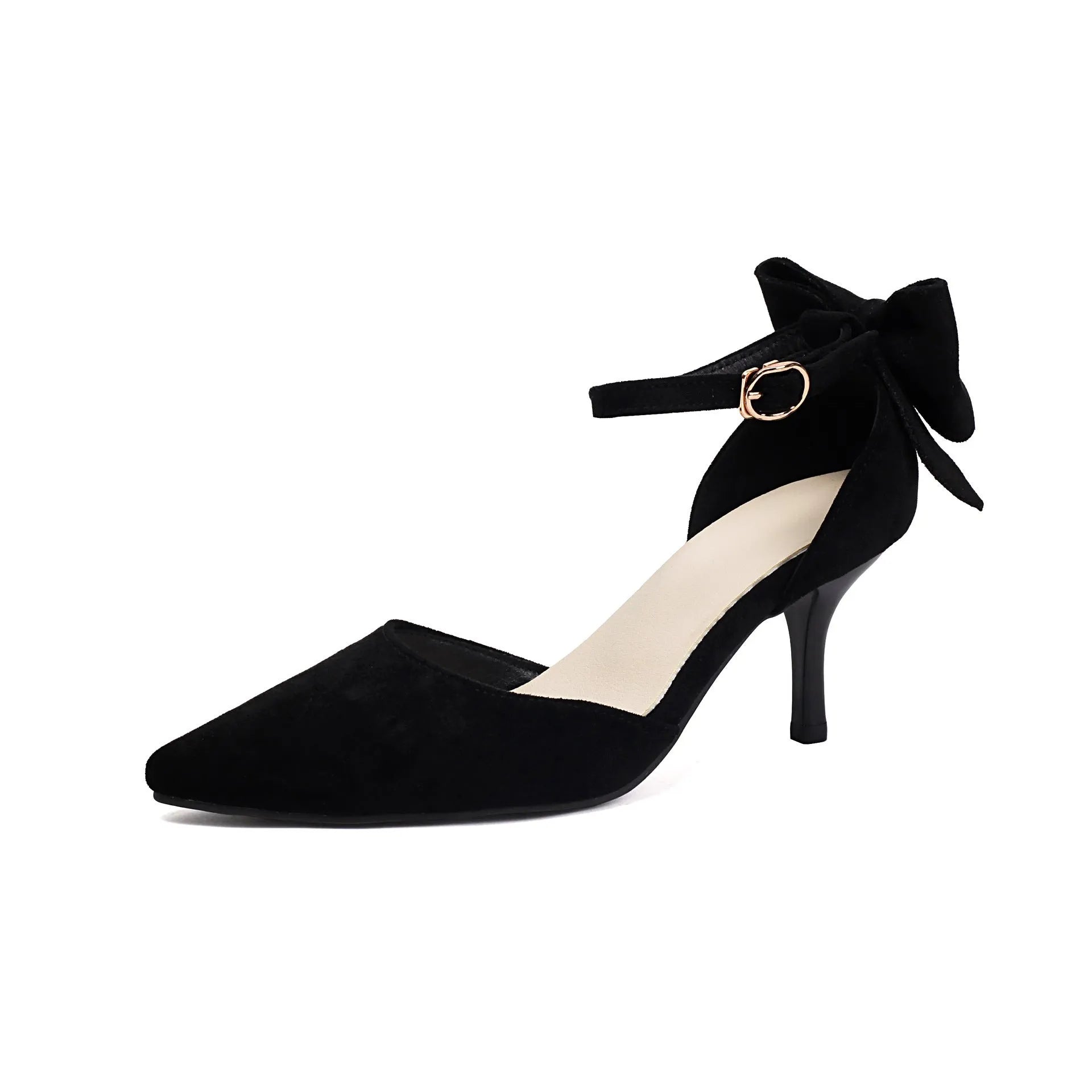 Beige suede pointed-toe stiletto heels with a decorative bowknot and buckle fastening.