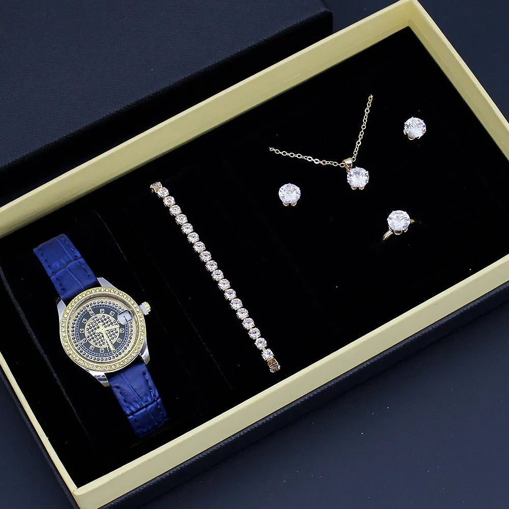 Ladies watch jewellery set gift box with white face white strap watch, bracelet, necklace, stud earrings, and ring
