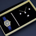Ladies watch jewellery set gift box with white face white strap watch, bracelet, necklace, stud earrings, and ring