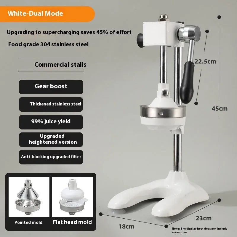 Stainless steel manual juicer with zinc alloy components in multiple colour options