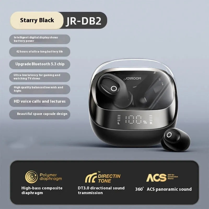 Dawn White wireless Bluetooth in-ear headphones with charging case on a table.