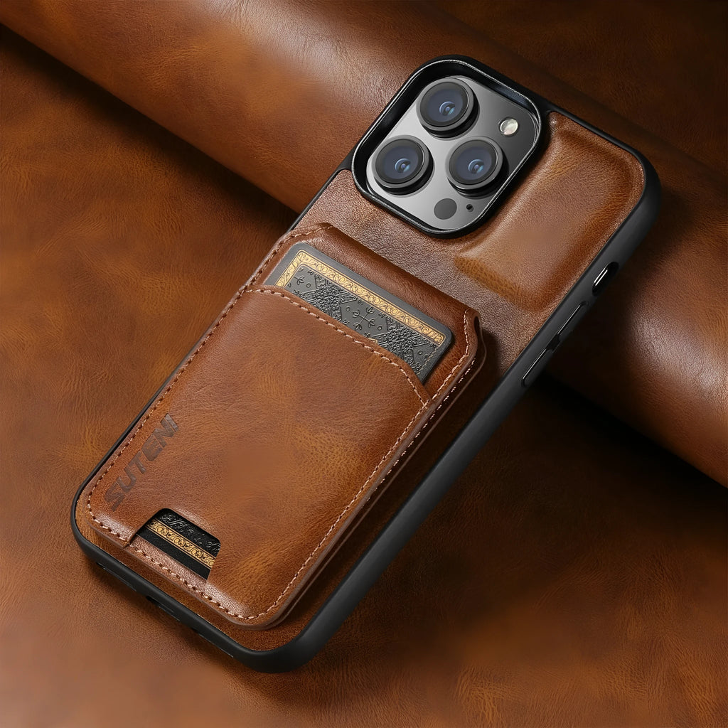 PU leather card holder iPhone case with stand, handmade TPU bumper, black brown blue
