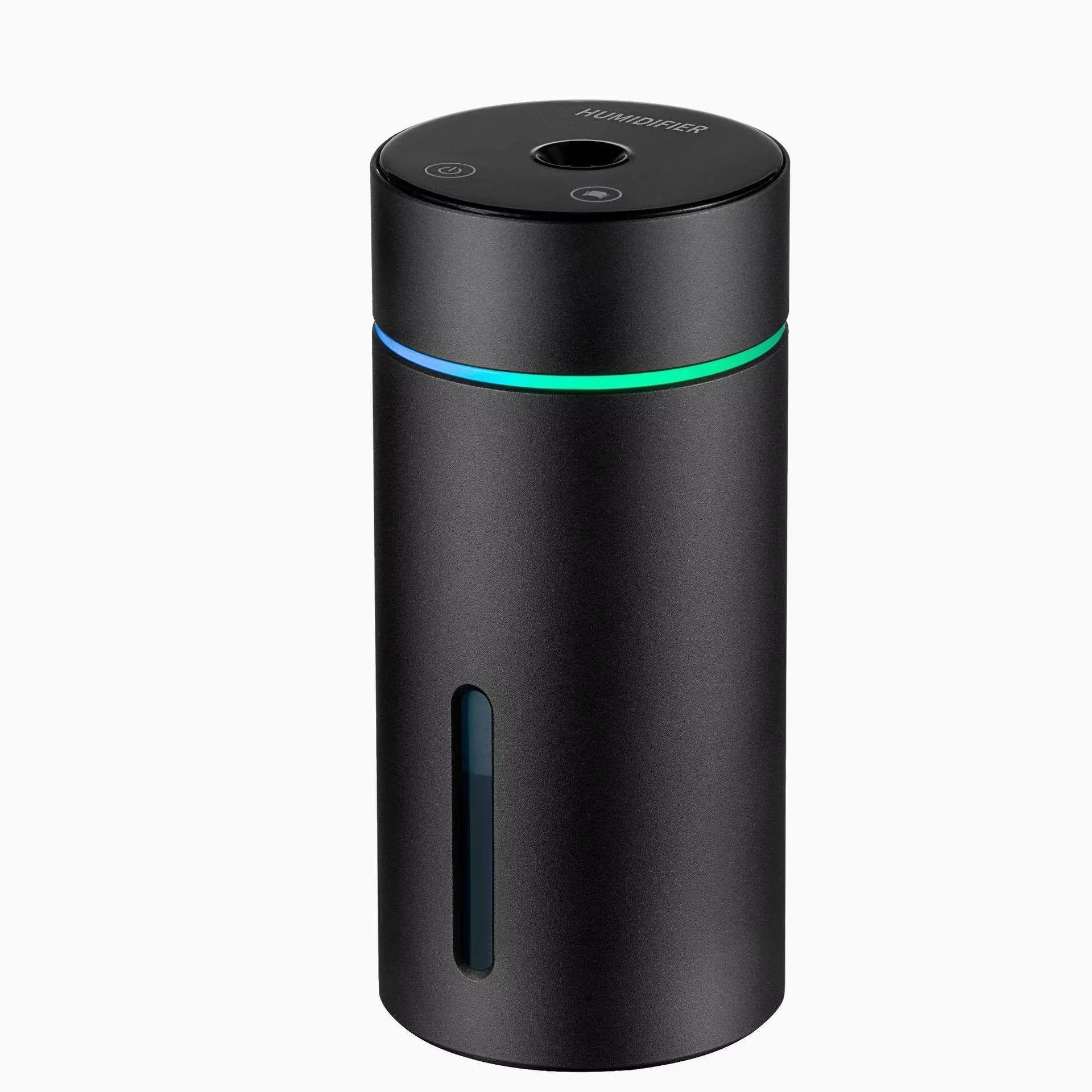 Black portable aluminium car air humidifier and essential oil diffuser with night light on a desk.