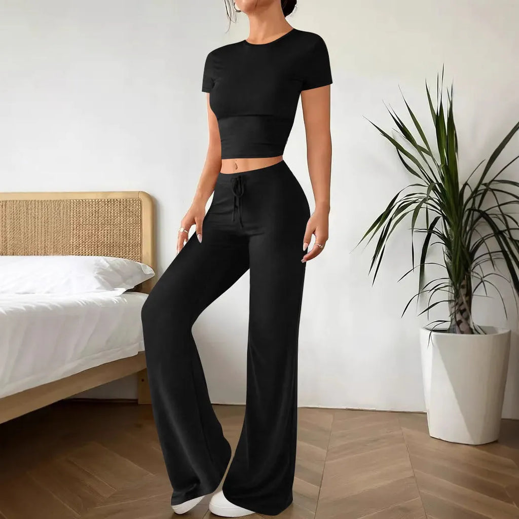 Black women's high waist trousers and regular sleeve short sleeve top matching set