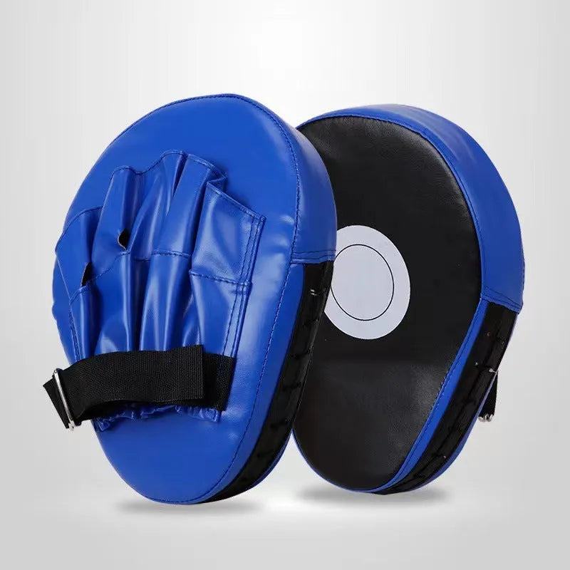 PU leather boxing punch mitts for martial arts training in red, black, blue, and yellow colour options.