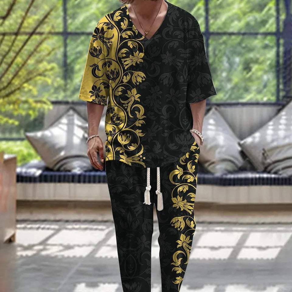 V-neck trousers suit with cropped sleeves in thin polyester fabric for business formal wear