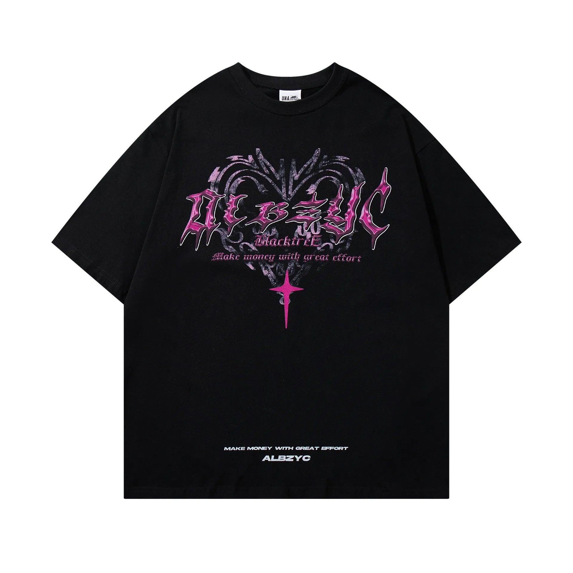 Men's loose fit short sleeve cotton t-shirt in black on a white background