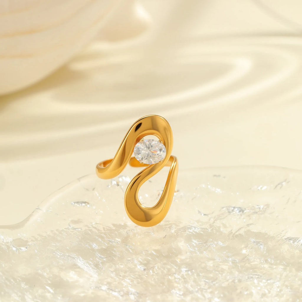 Geometric open-mouth adjustable zircon ring for women in stainless steel.