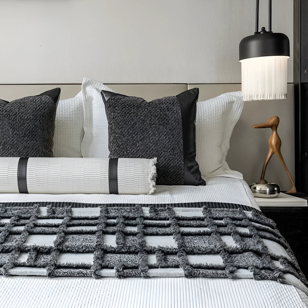 Modern grey and white plaid bed runner blanket set with pillow on 1.5m bed