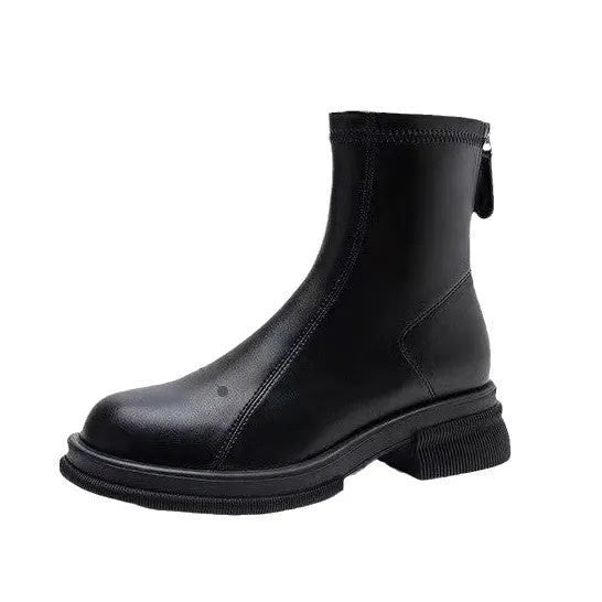 Women's black flat heel ankle boots with round toe and back zipper closure