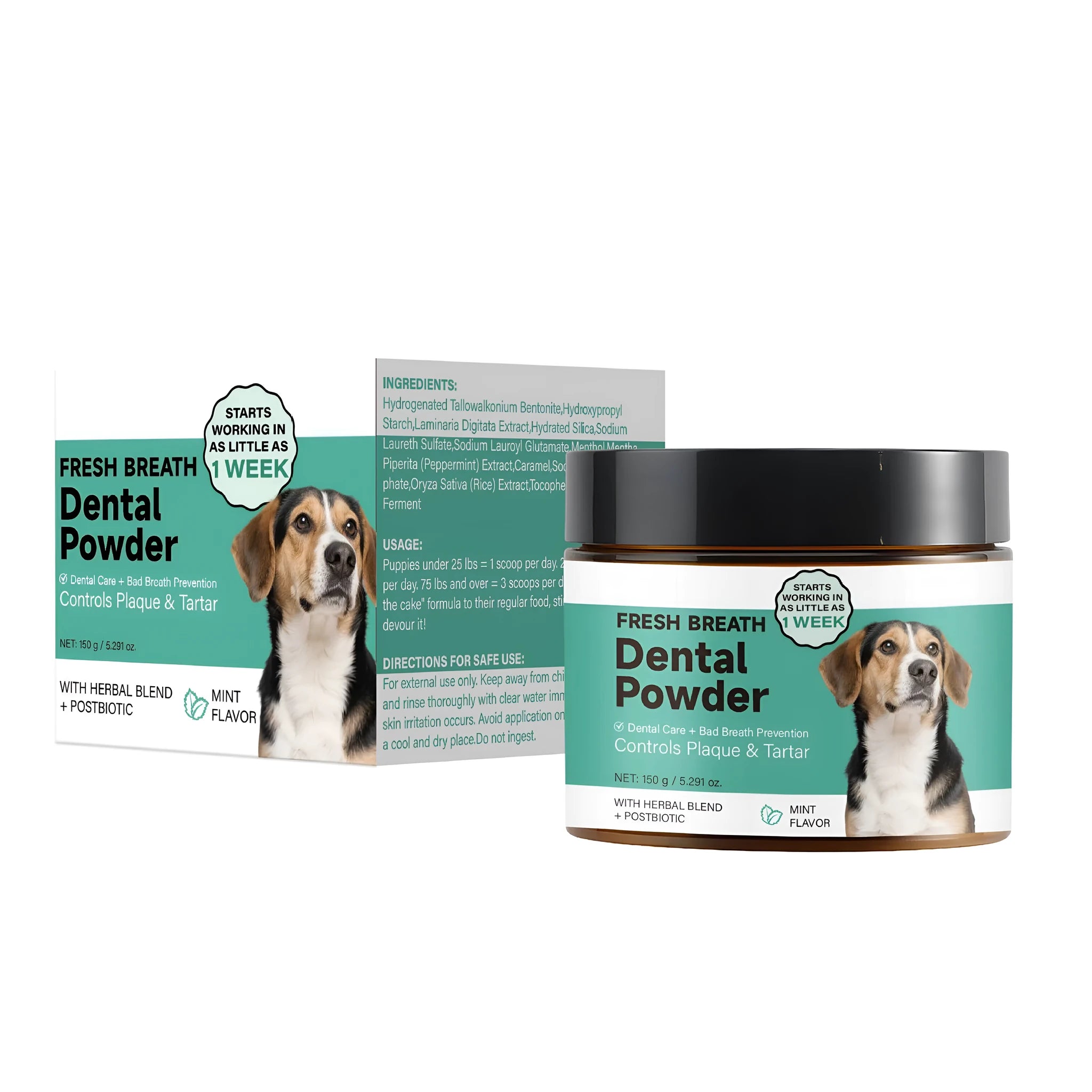 150g container of dog breath tooth cleaning powder for canine dental care