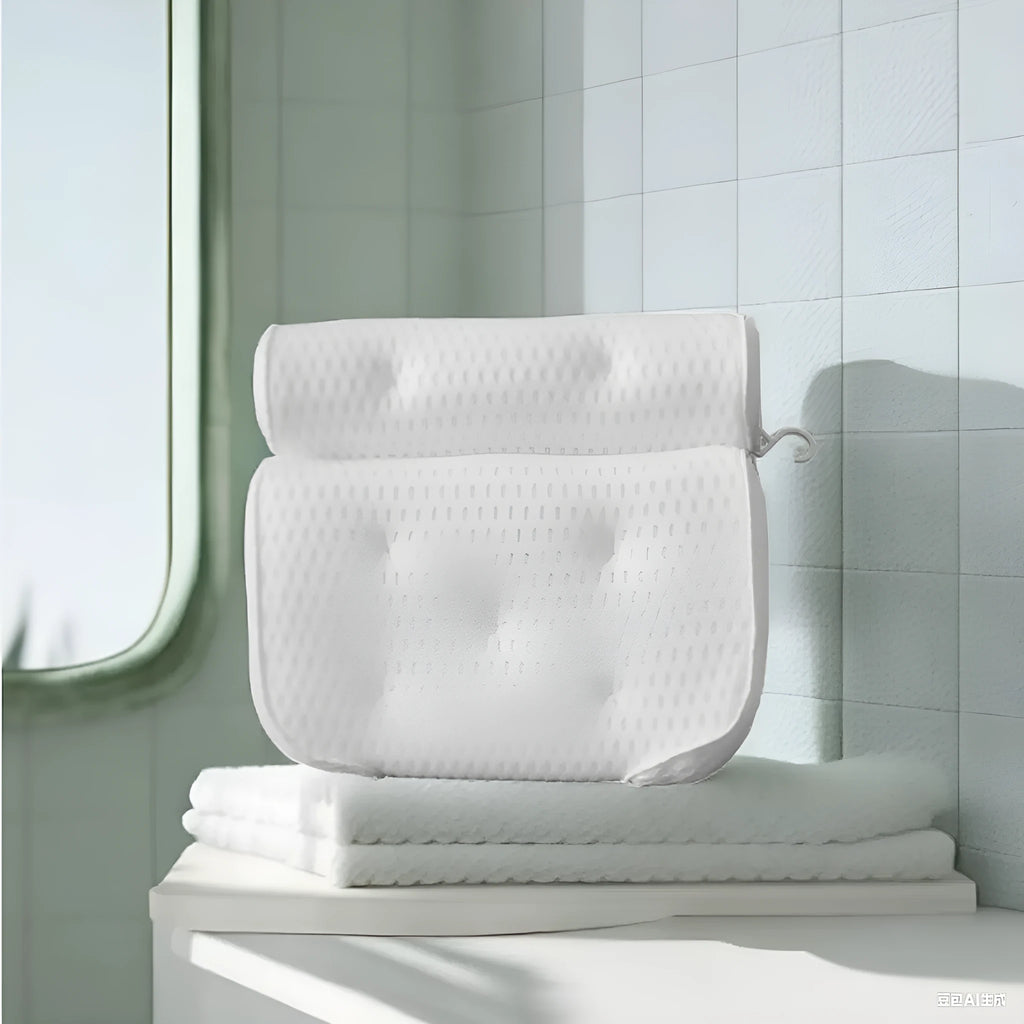 White bathtub pillow with 4D mesh and seven suction cups on a bath mat.