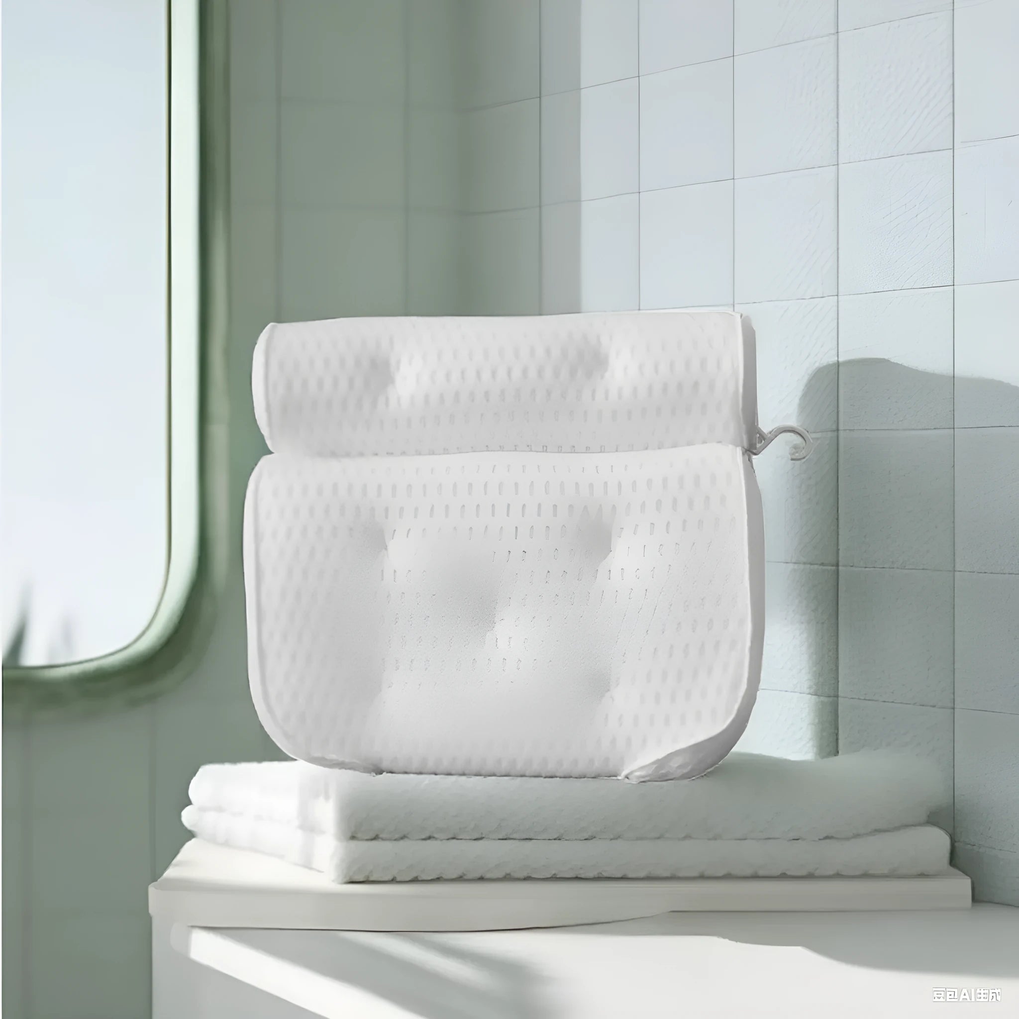 White bathtub pillow with 4D mesh and seven suction cups on a bath mat.