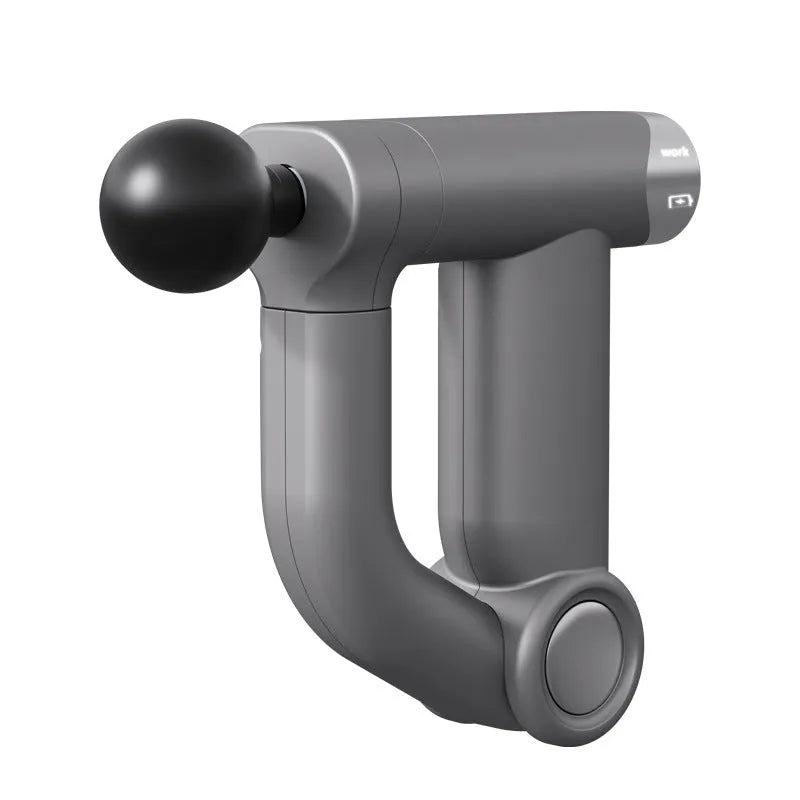 Long handle folding massage gun in black or grey with LED screen and multi-gear adjustment, brushless motor, portable design.