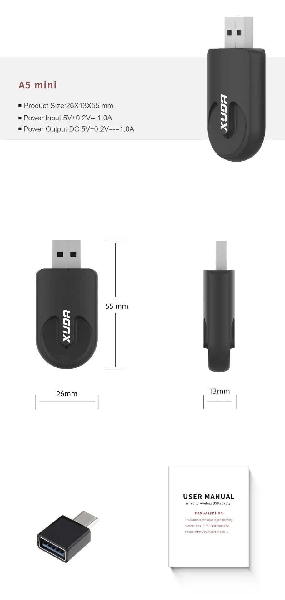Small black 2-in-1 USB car adapter for wireless CarPlay and data transfer on a dark surface.