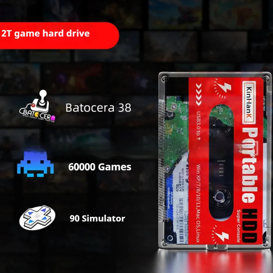External 2TB mechanical hard drive for mobile gaming with USB cable and protective packaging