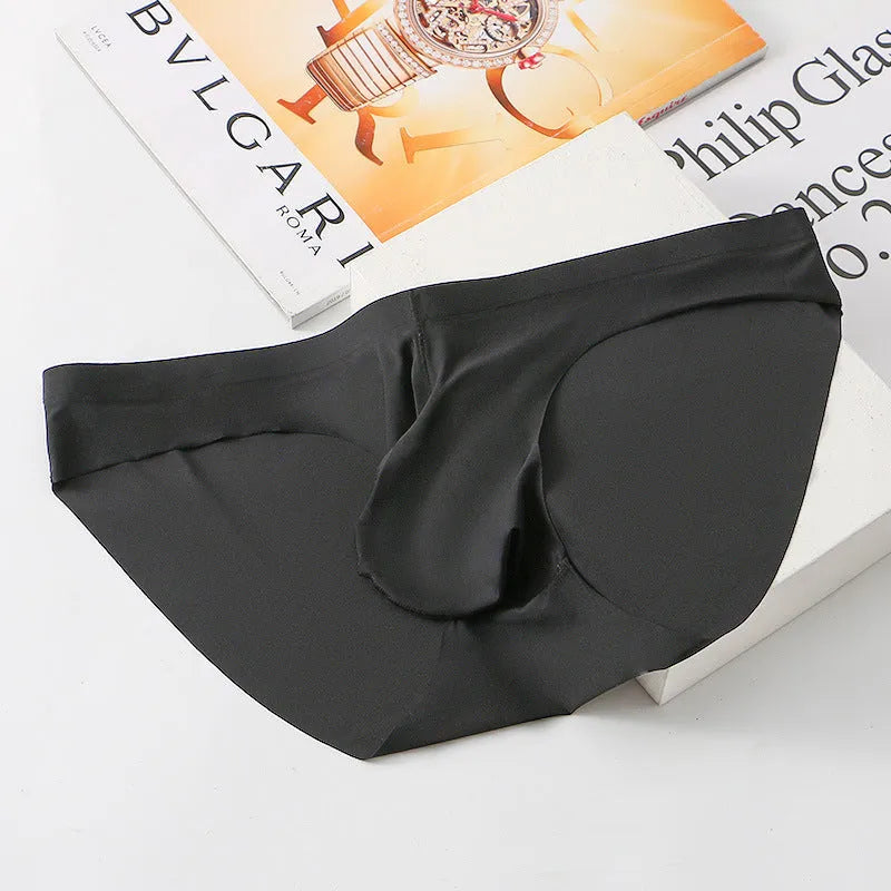 Men's black ice silk seamless briefs with bulge gun egg design on a grey background.