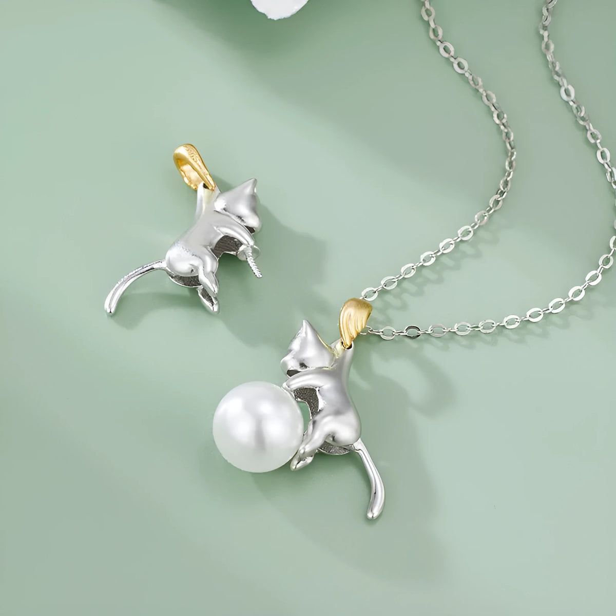 925 sterling silver cat clavicle chain necklace in D3247 fashion OL style with optional chain and pearl bead