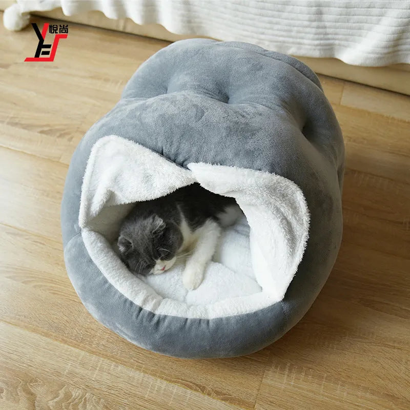 Velvet Mongolian pet bag with door curtain in grey or pink, semi-enclosed plush cat kennel supply for indoor use