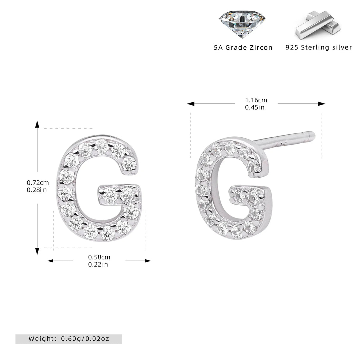 Pair of 925 silver English letter ear studs with electroplated gold or platinum colour finish for women