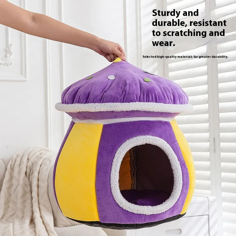 Mushroom-shaped plush cat nest bed in grey, pink or purple colours showing thermal texture