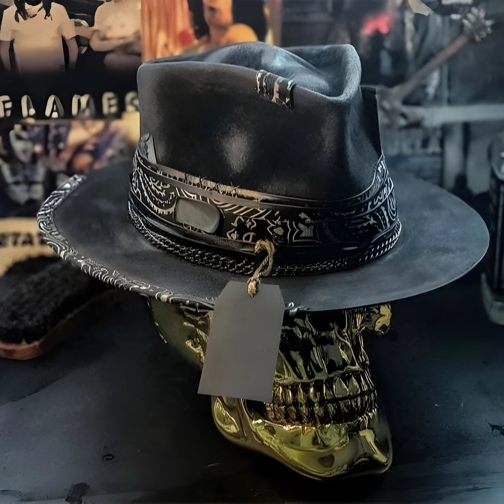 Handmade wool felt and denim conical crown skull hat for Halloween costume