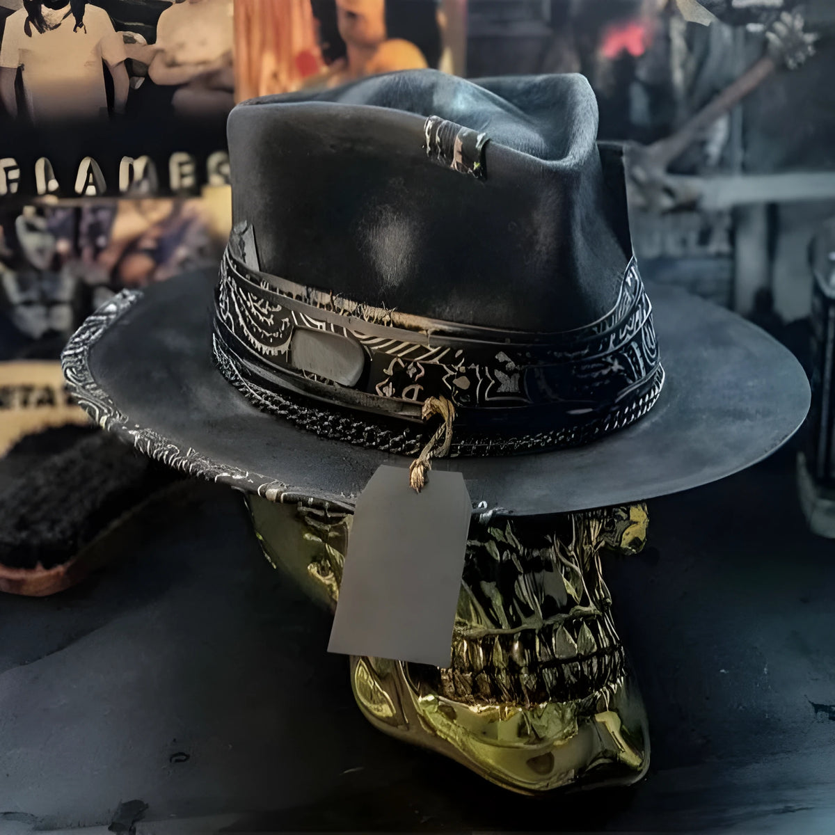 Handmade wool felt and denim conical crown skull hat for Halloween costume