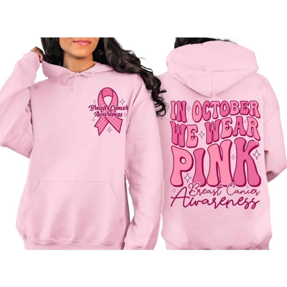 Breast Cancer Awareness hoodie with retro pattern and side pocket in pink, white, khaki, or black.