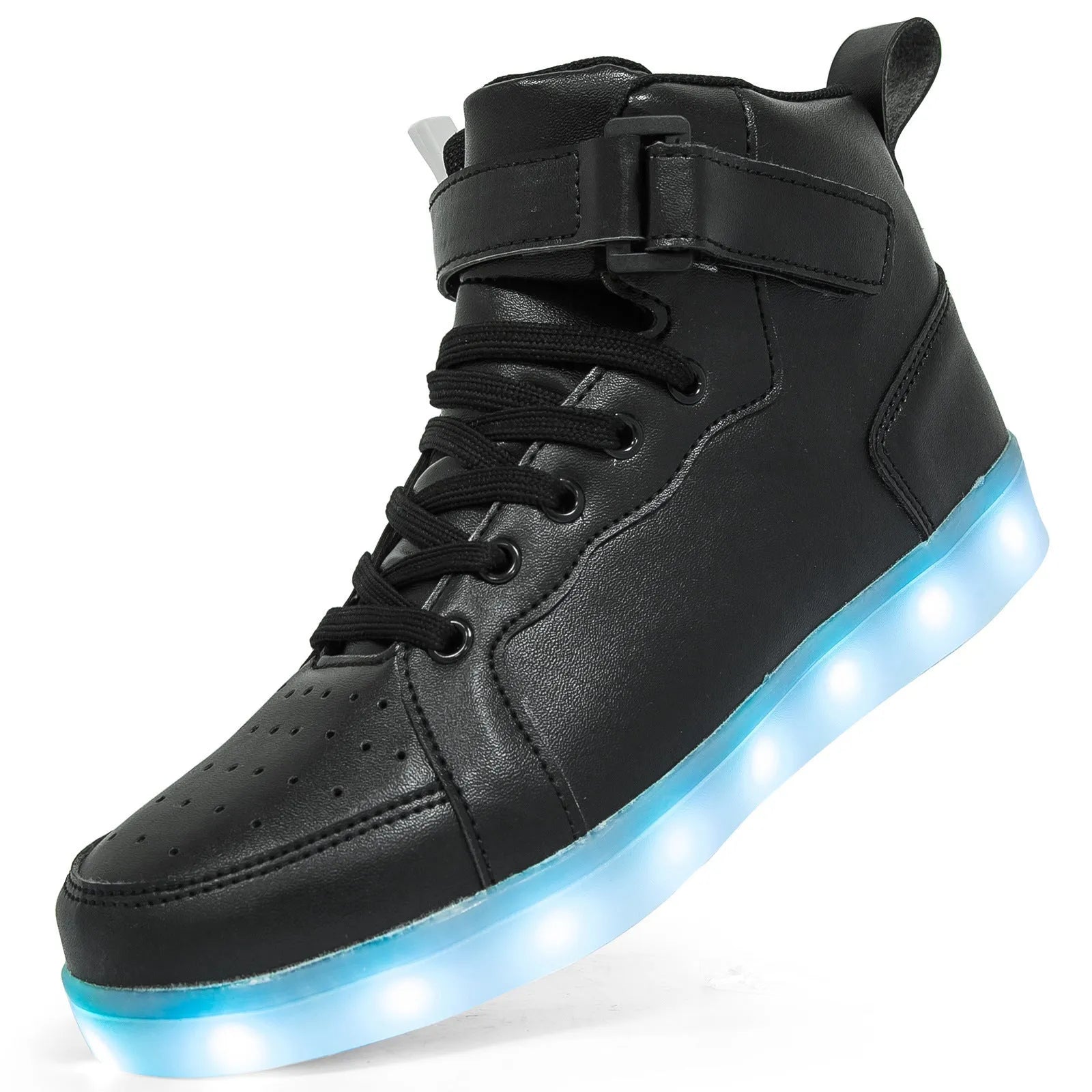 LED light-up high-top board shoes with Velcro strap, shown in multiple colours.
