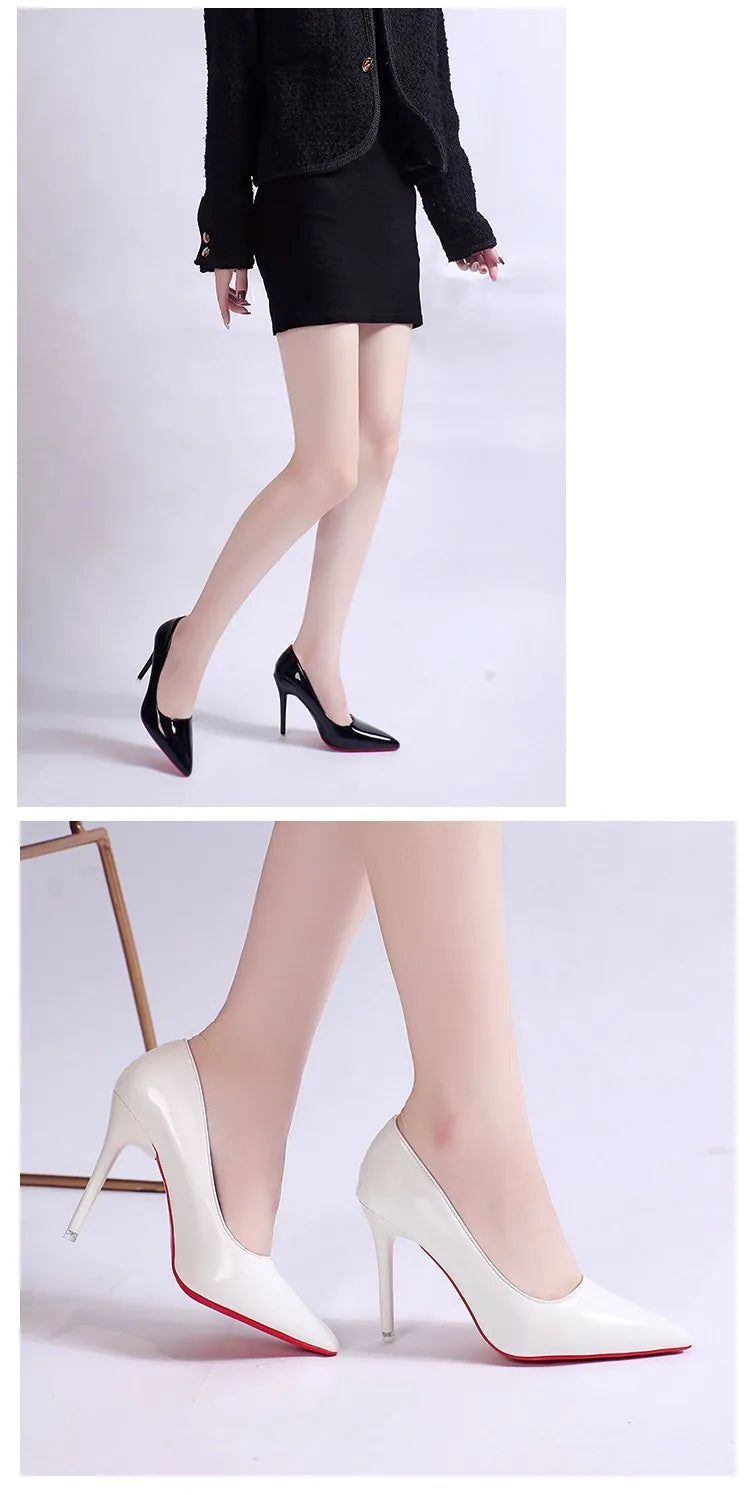 Women's black pointed toe stiletto pump with a shallow mouth on a rubber sole.
