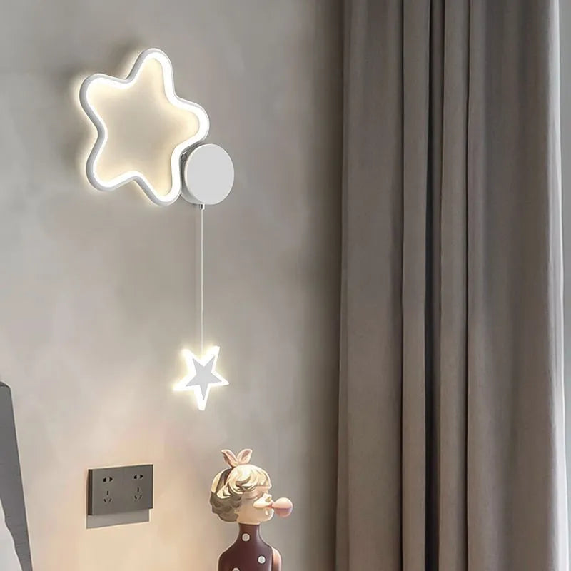 Cartoon five-pointed star bedside wall lamp in black or white with cloud, moon, or star motifs
