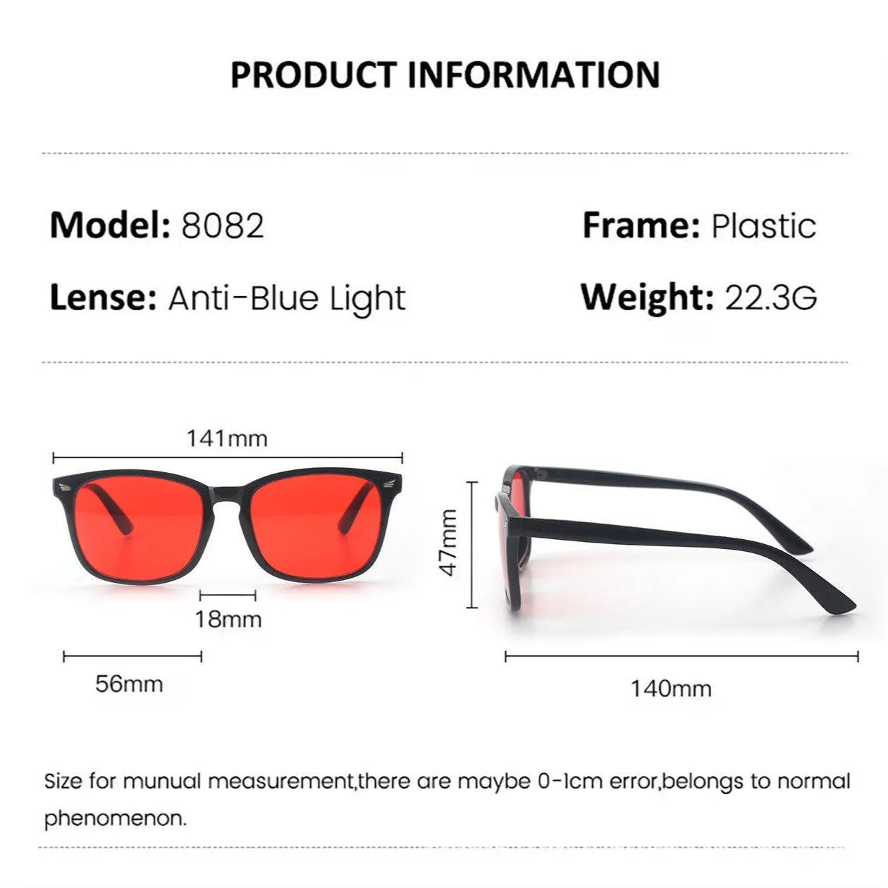 Orange red anti blue light UV glasses with black PC frame and CR39 lenses
