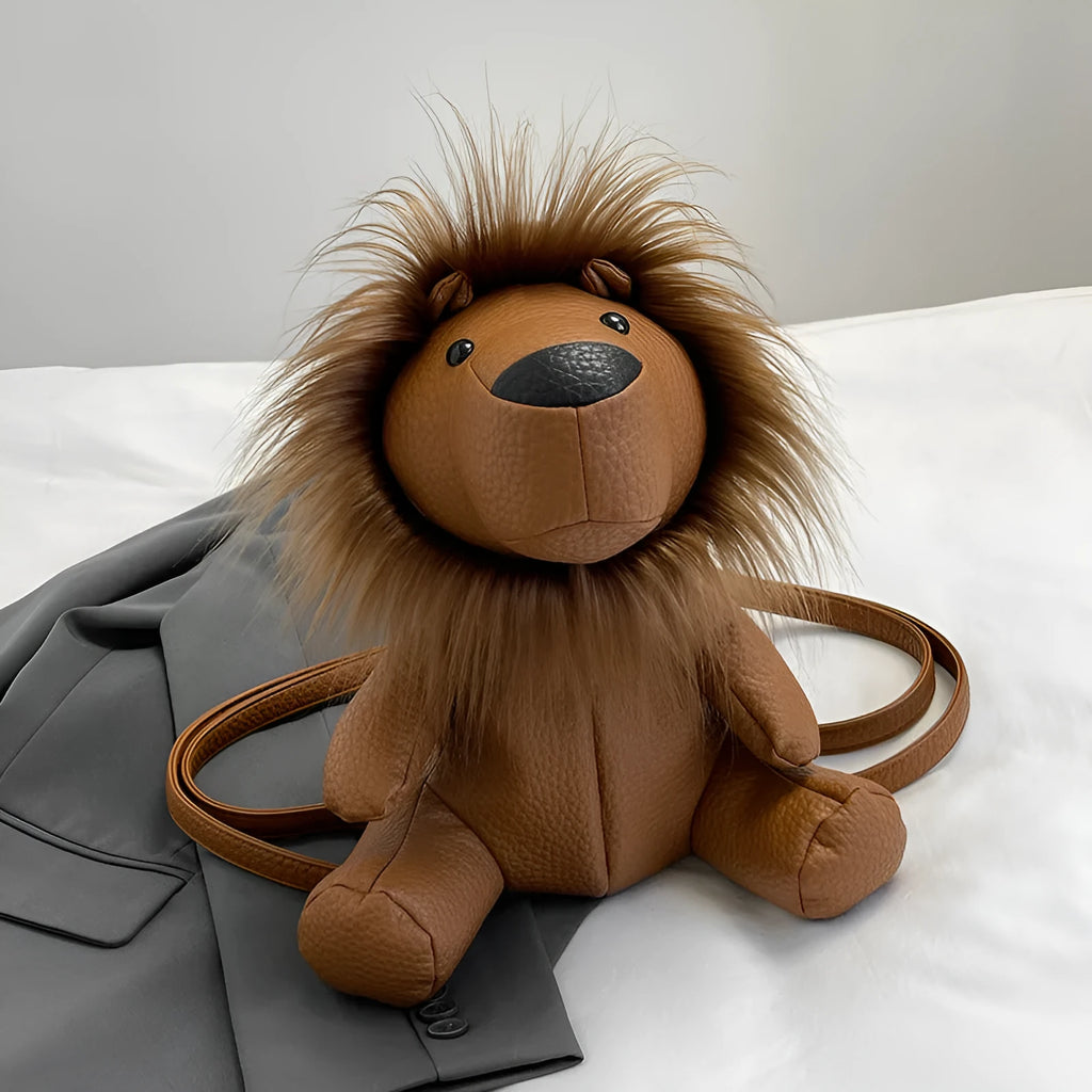Plush lion casual bag in PU with polyester lining, single strap and inner phone pocket, shown in light brown, dark red, khaki or silver.