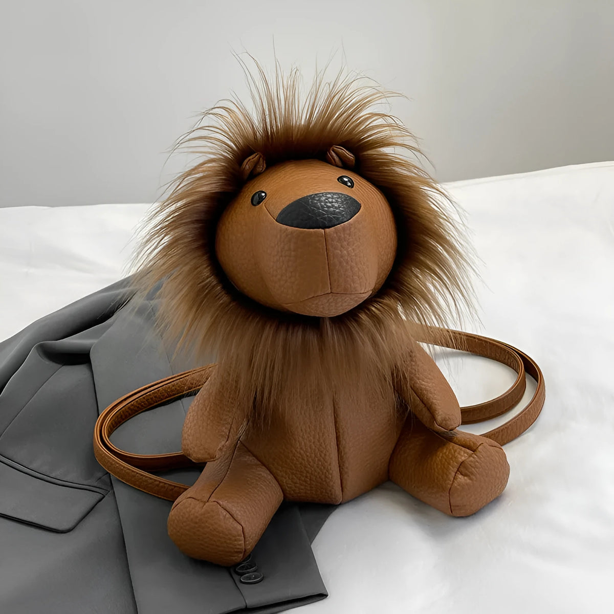 Plush lion casual bag in PU with polyester lining, single strap and inner phone pocket, shown in light brown, dark red, khaki or silver.