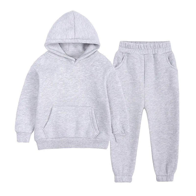 Children's cotton fleece hooded sweatshirt and trousers set in solid colour, sizes 90cm to 160cm