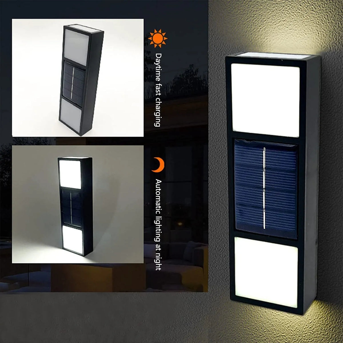 Solar outdoor wall lamp in ABS, 63 x 120 x 30mm, waterproof, bidirectional sensing, 20 lumen, warm or white light