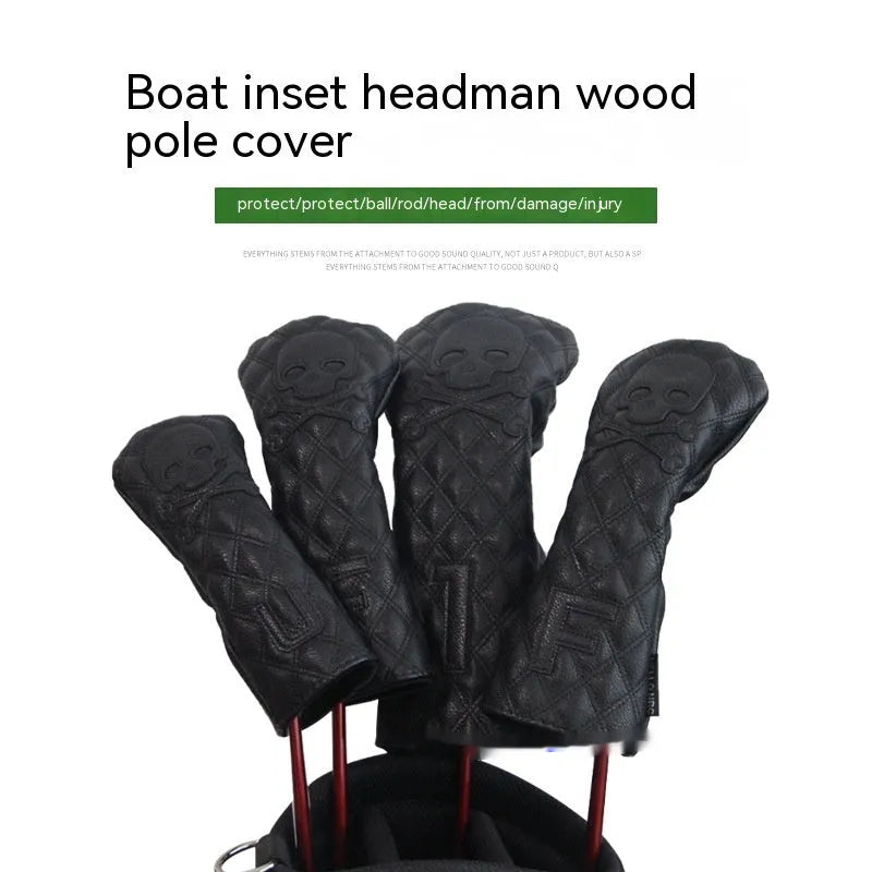 Black and white waterproof protective cover for a wooden golf pole on a green background.