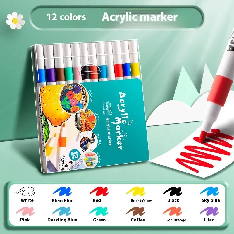 Boxed set of acrylic marker pens showing multiple colour options from 12 to 80 colour selections