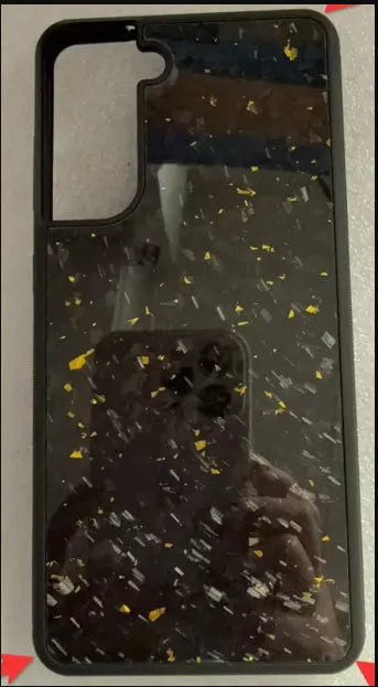 Samsung Galaxy phone case with forged carbon fibre pattern in red, gold, purple, blue, 3K twill or grain finish.