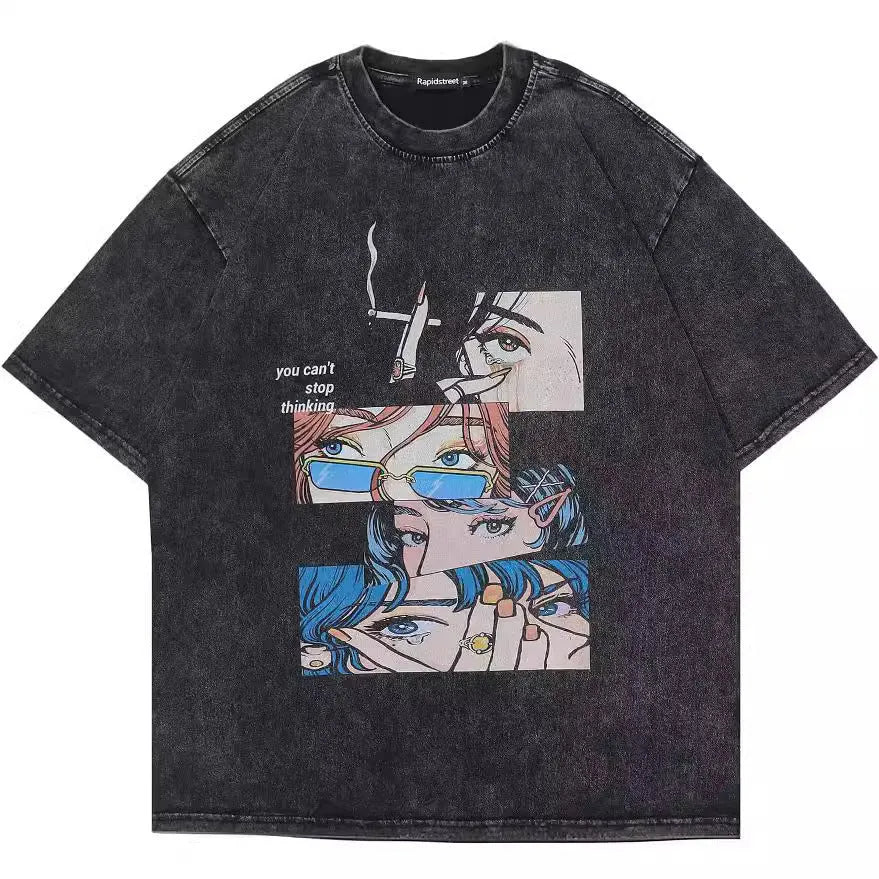 Men's loose fit short sleeve t-shirt with retro cartoon pattern in washed black cotton