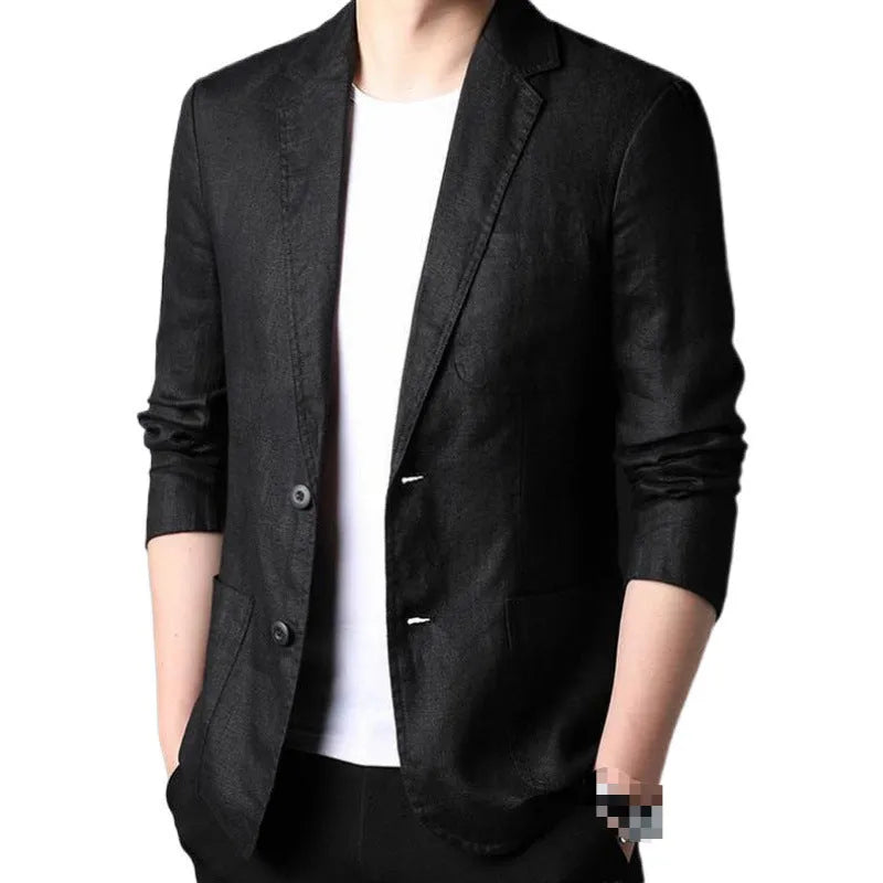 Men's linen leisure suit in black, regular fit jacket and trousers for spring summer