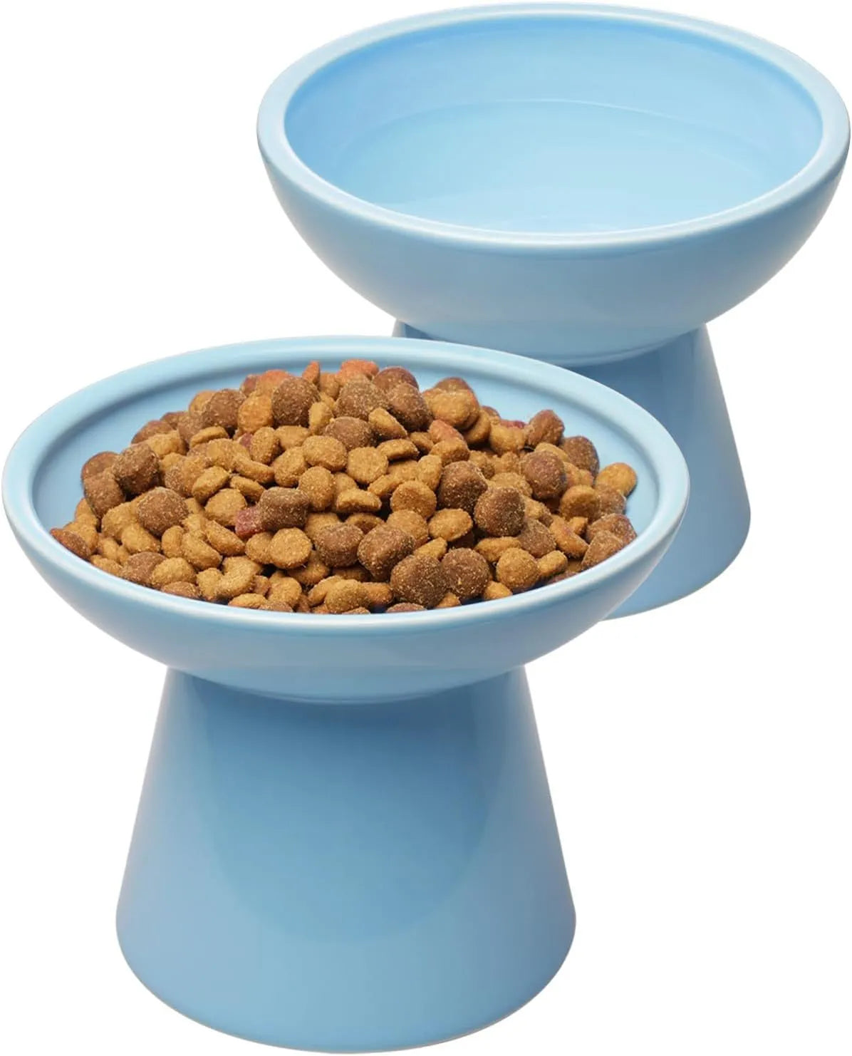 Extra wide elevated ceramic cat food and water bowl set in blue, green, pink, or white
