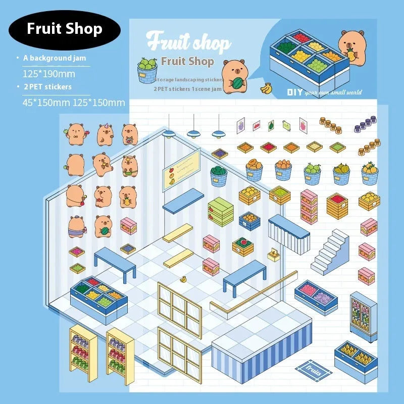 Capabala cartoon landscape 3D sticker sheet showing pre-cut self-adhesive shop scenes.