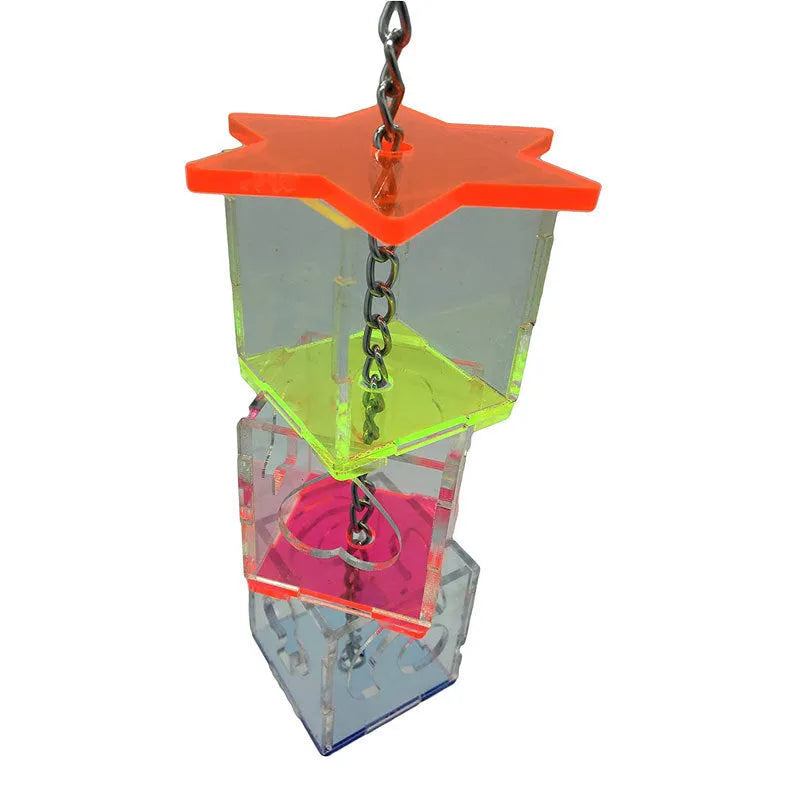 Clear acrylic parrot foraging toy measuring 5x5x32cm with food container design