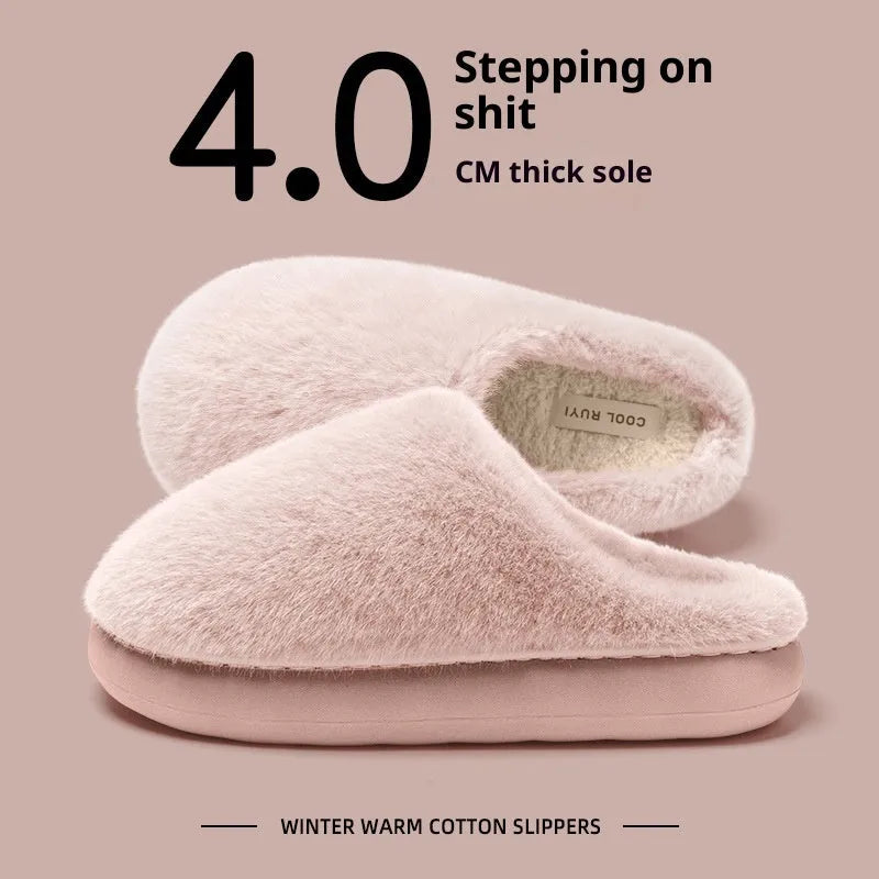 Non-slip winter cotton-padded slippers with artificial wool lining and plush upper, flat heel, sizes 36-45