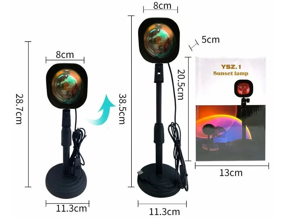 Rechargeable sunset red rainbow projection lamp with USB cable on tabletop