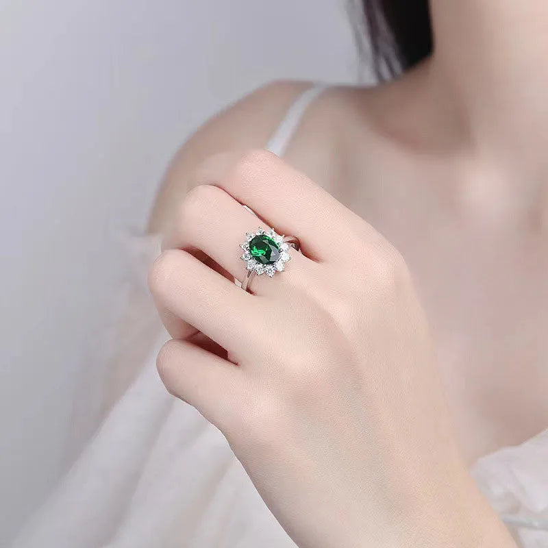Women's blue moissanite floral ring with inlaid zirconia stones on copper band