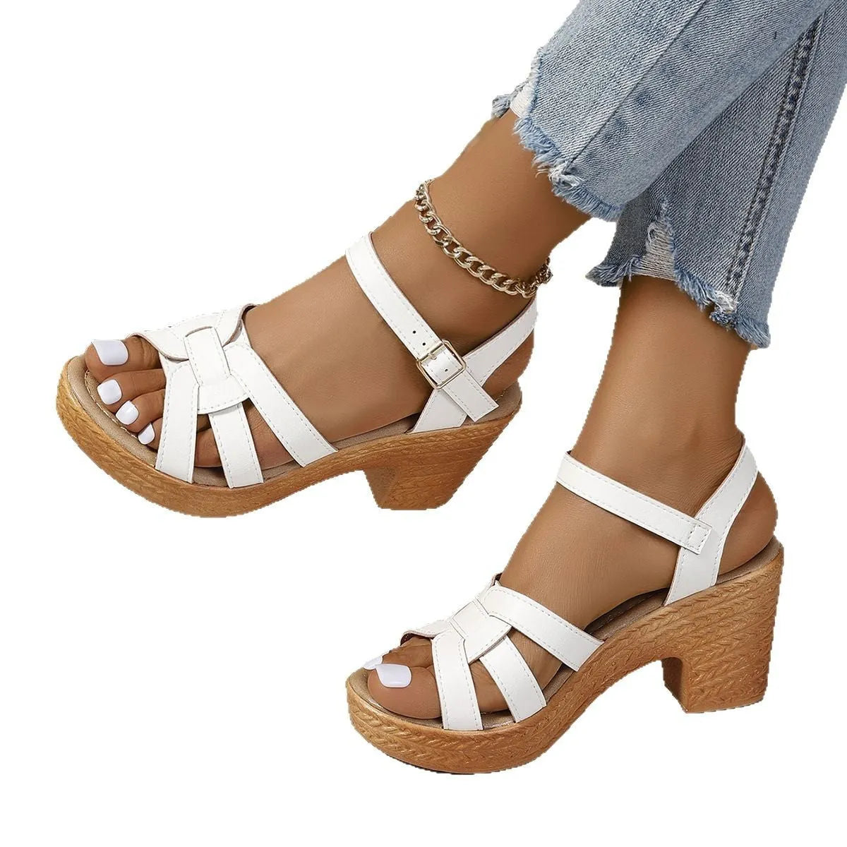 Plus size Roman women's peep toe sandals with chunky heel and ankle buckle in black, brown or white