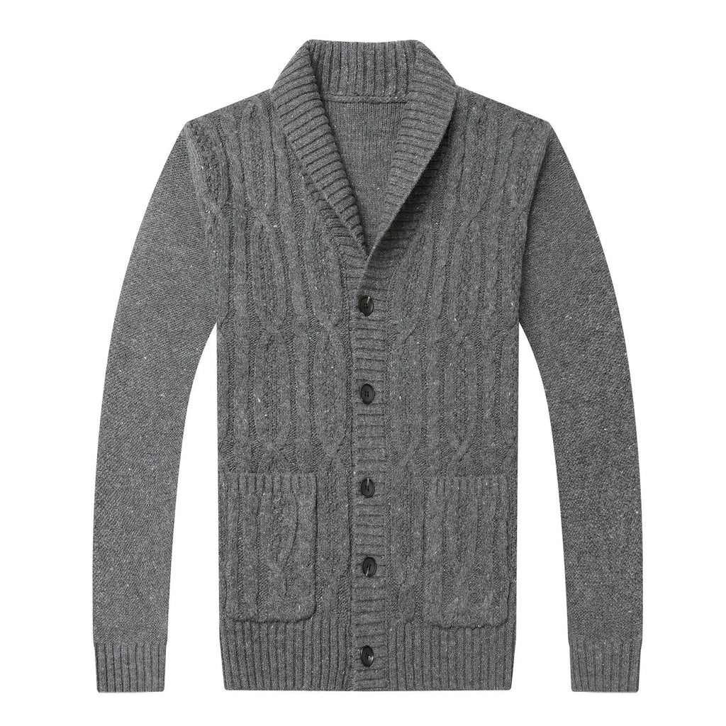 Man wearing a Korean-style jacquard knit cardigan in a straight cut, shown in a neutral colour.